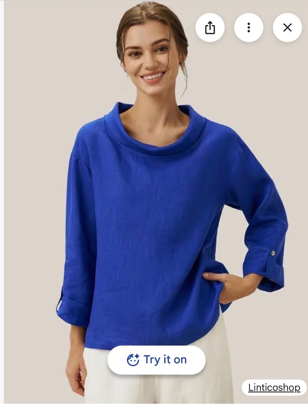 Long-Sleeve Cobalt Blue Linen Blend Top